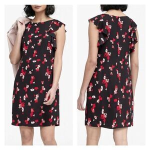 Banana Republic Floral Print Flutter Sleeve Shift Dress Black Red Size 0‎ XS